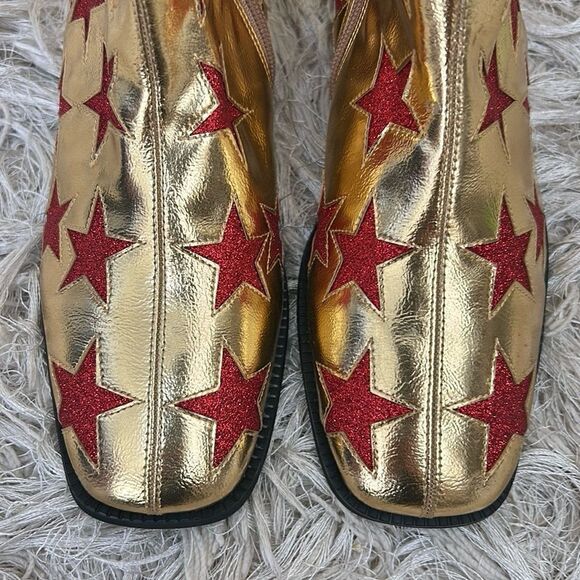 NWOB Jeffrey Campbell On-Mars Star Print Ankle Boots in Gold Red Glitter Sz 5.5 - Picture 8 of 13